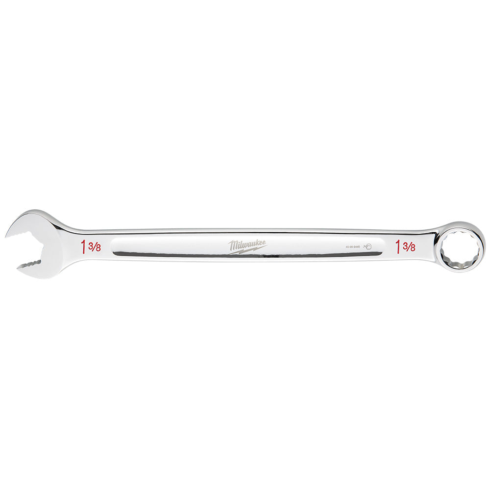 Silver Milwaukee 1-3/8" combination wrench with open end on left and closed loop end on right.