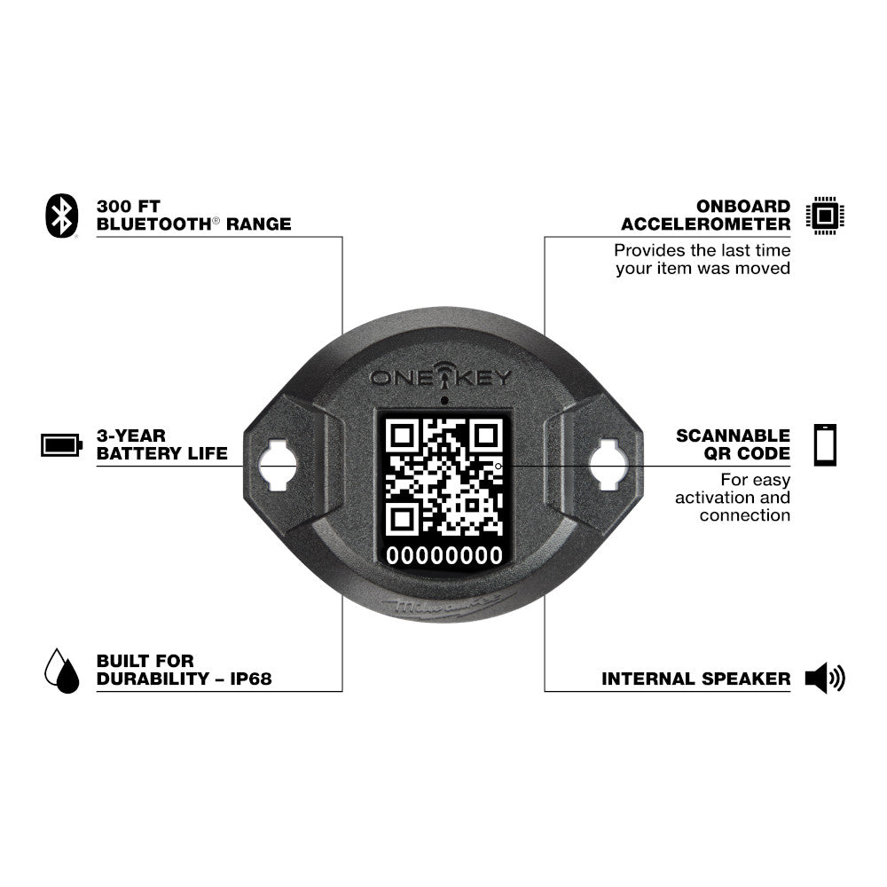 Milwaukee ONE-KEY Bluetooth tracking tag with QR code, 300 ft range, IP68 durability, and 3-year battery life.