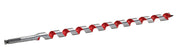 Long spiral auger bit with red and gray fluted design and pointed tip for drilling.