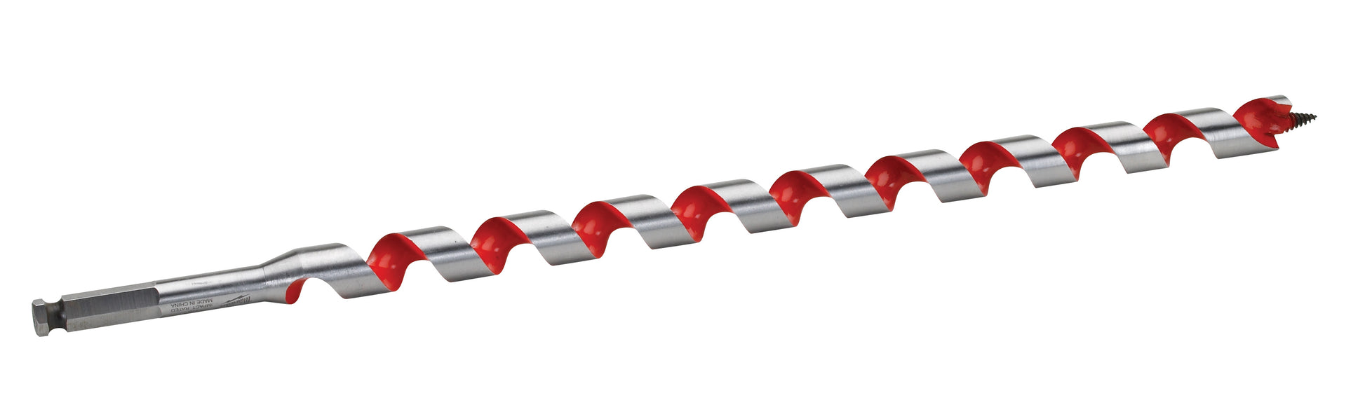Long spiral auger bit with red and gray fluted design and pointed tip for drilling.