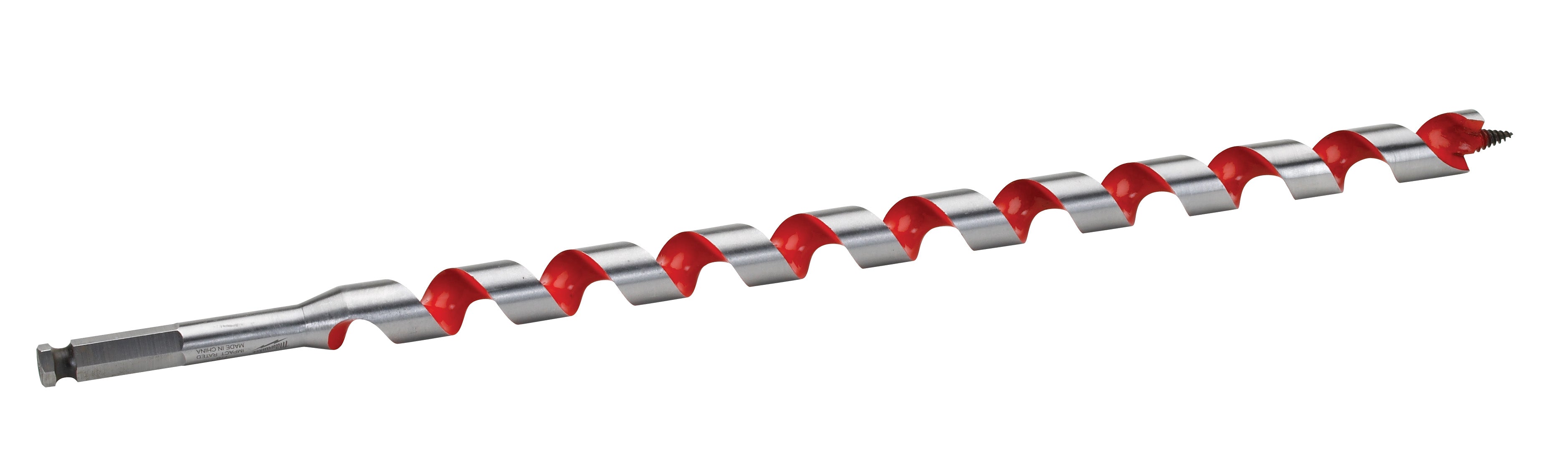 Long spiral auger bit with red and gray fluted design and pointed tip for drilling.