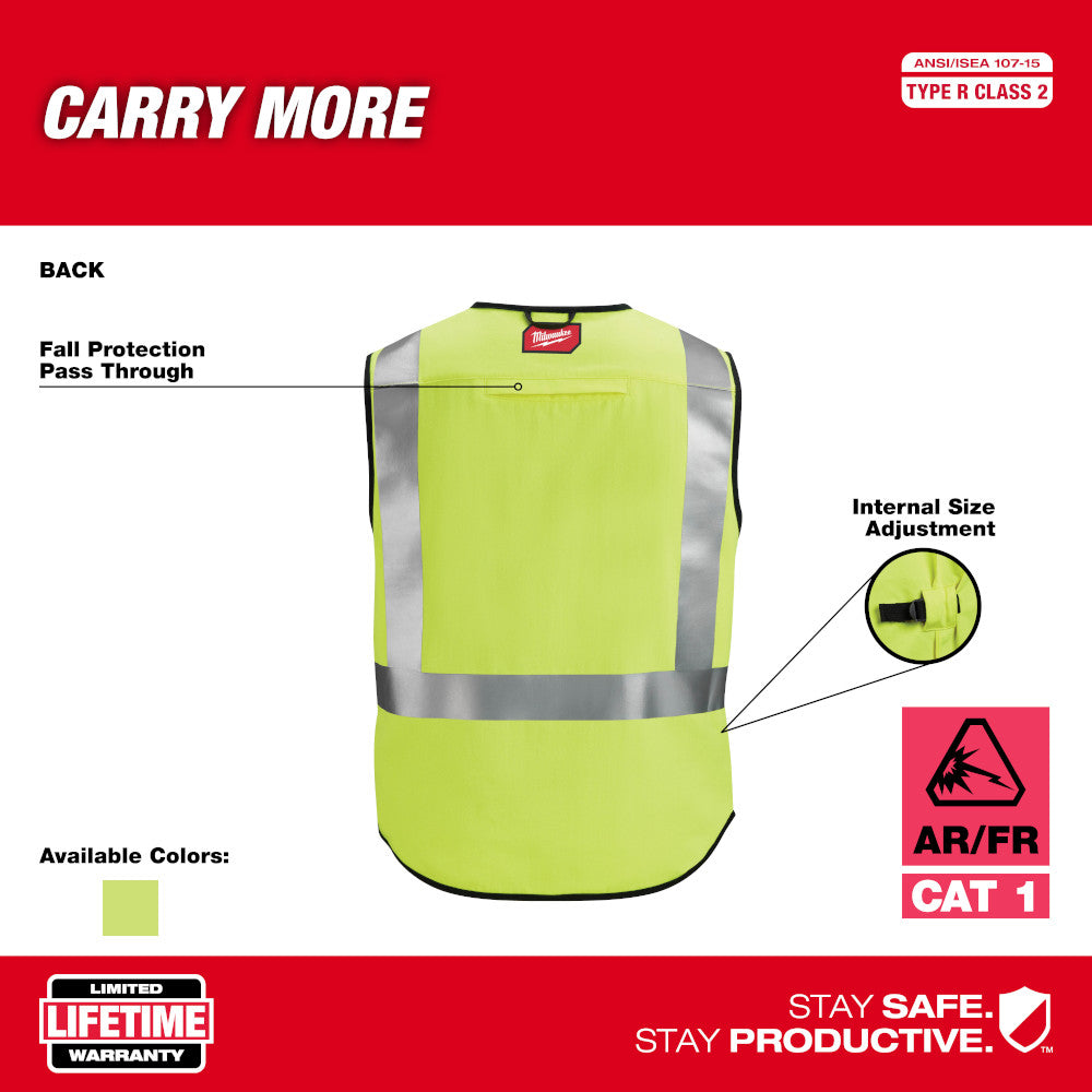 High-visibility yellow safety vest with reflective silver stripes, black trim, and Milwaukee branding on back.