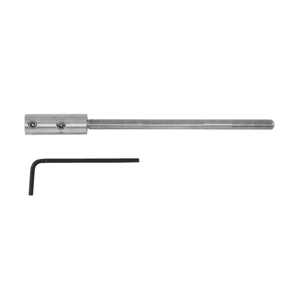 Polished chrome lavatory pop-up rod extension with cylindrical connector and black hex wrench tool.
