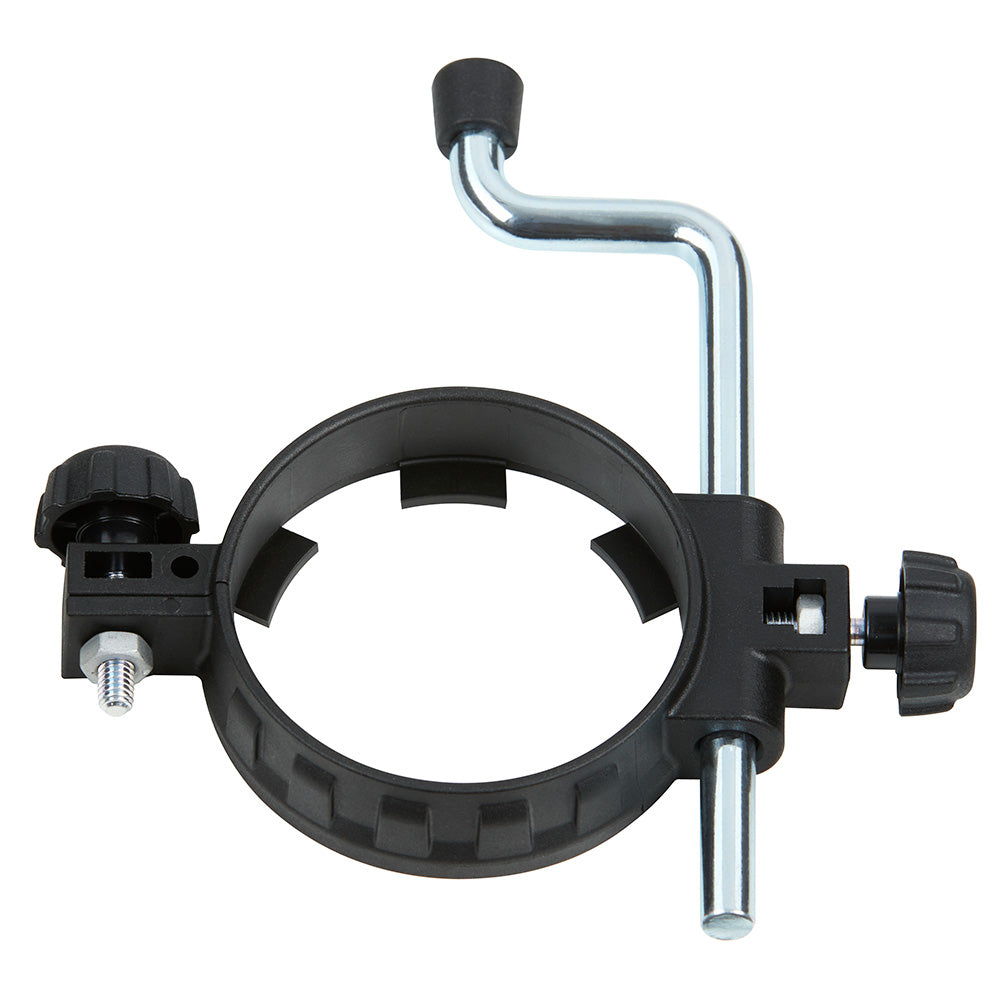 Black plastic ring clamp with metal arms and adjustment knobs for oscillating multi-tool depth control.