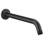 Matte black curved shower arm with circular wall flange and threaded outlet connection.