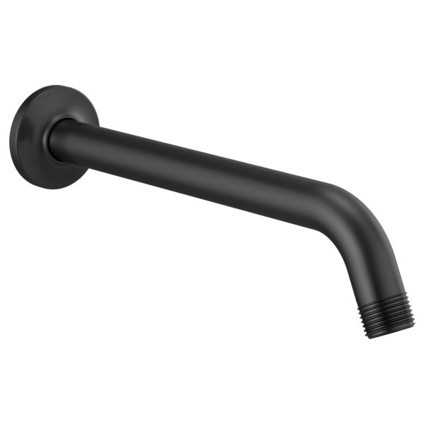 Matte black curved shower arm with circular wall flange and threaded outlet connection.