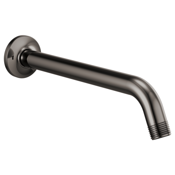 Black metal shower arm with circular wall flange and threaded outlet connection.