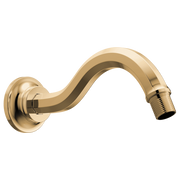 Polished gold curved shower arm with circular wall flange and threaded connector outlet.