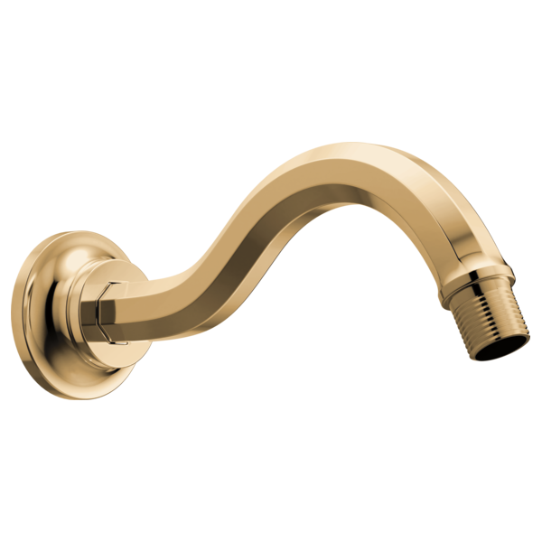 Polished gold curved shower arm with circular wall flange and threaded connector outlet.
