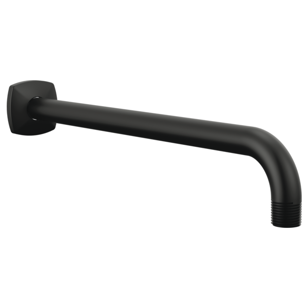 Black wall-mounted shower arm with rounded square flange and angled spout extending horizontally.