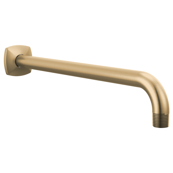 Champagne bronze wall-mounted shower arm with square flange and threaded outlet, extending horizontally.