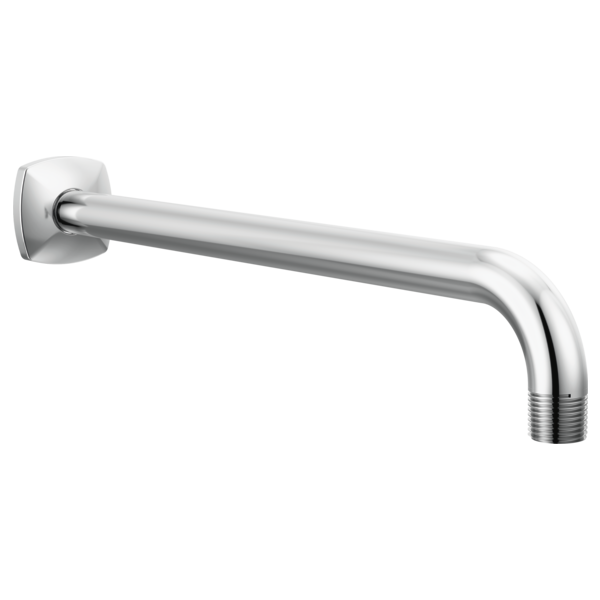Polished chrome wall-mounted shower arm with square flange and angled end fitting.