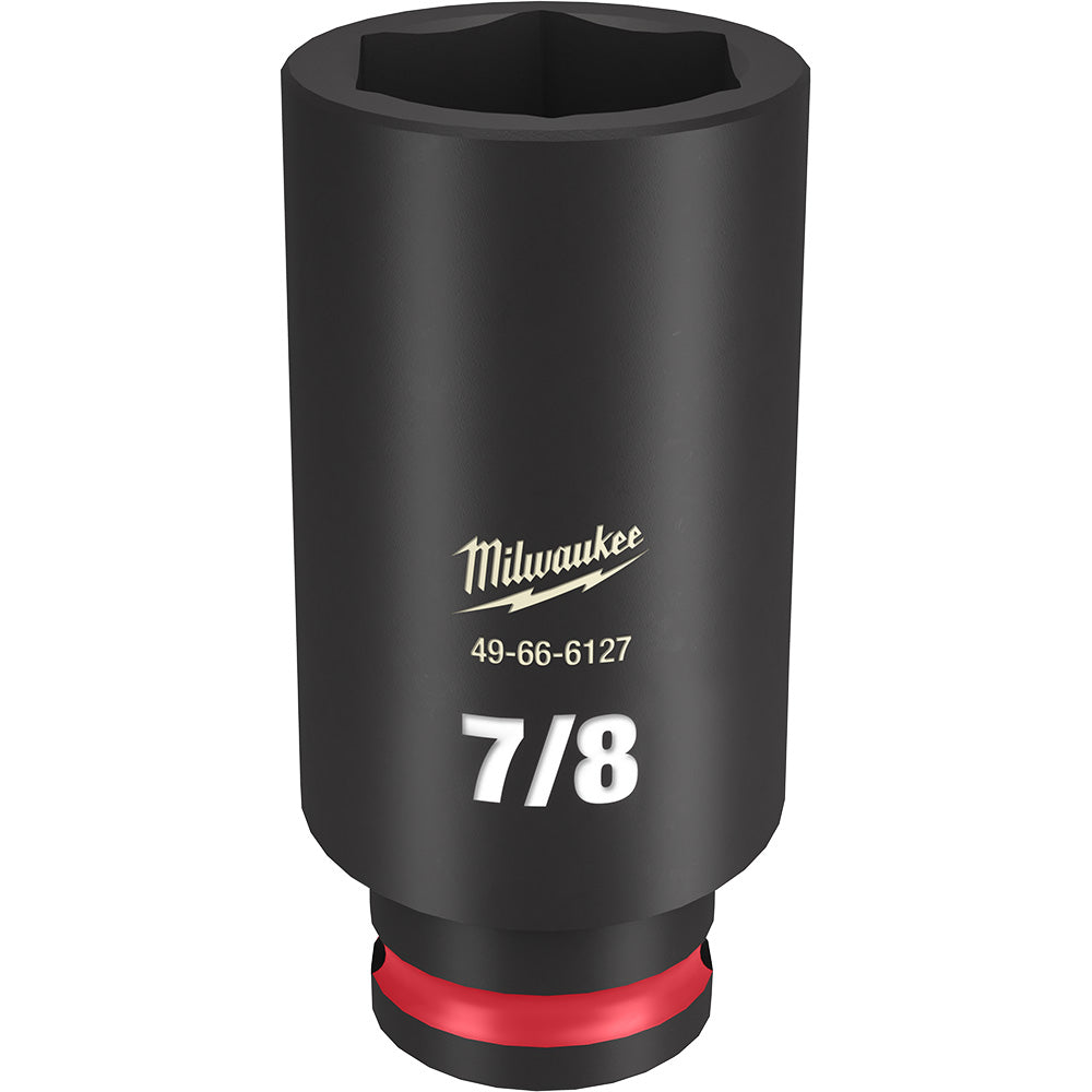 Black Milwaukee deep socket with 7/8" marking, 6-point hexagonal opening, and red grip band at base.