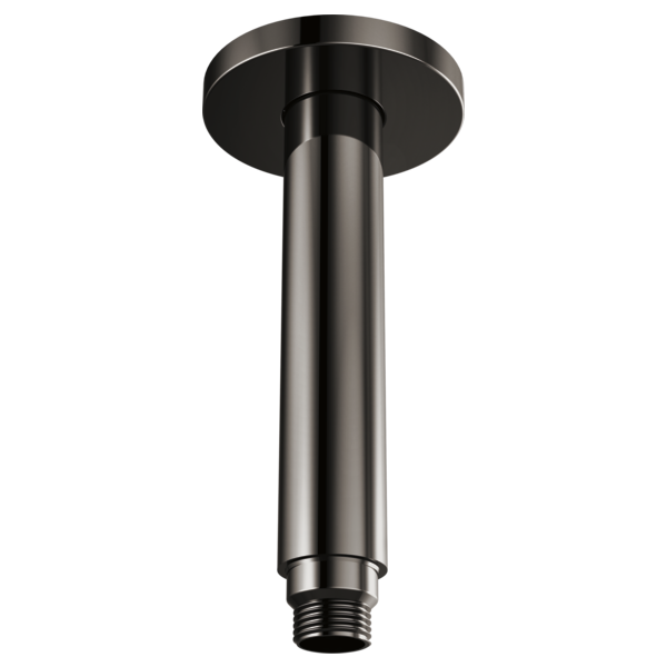 Black metal ceiling-mount shower arm with round flange and threaded connection at bottom.