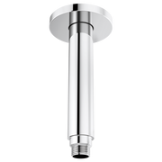 Polished chrome ceiling-mounted shower arm with circular flange and threaded connection point.