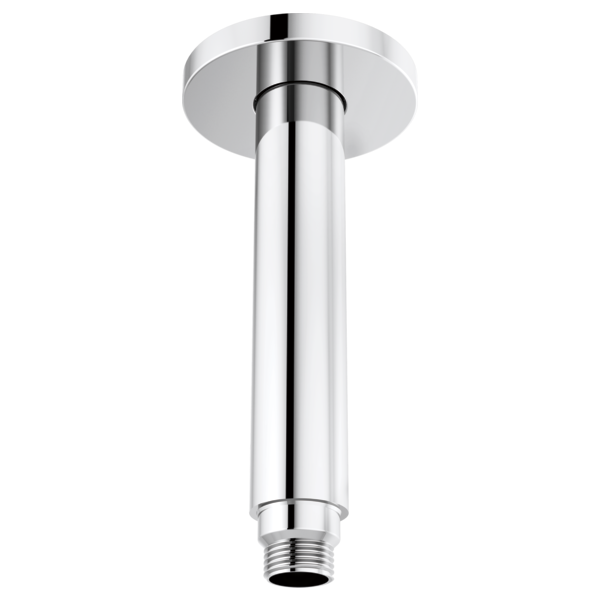 Polished chrome ceiling-mounted shower arm with circular flange and threaded connection point.