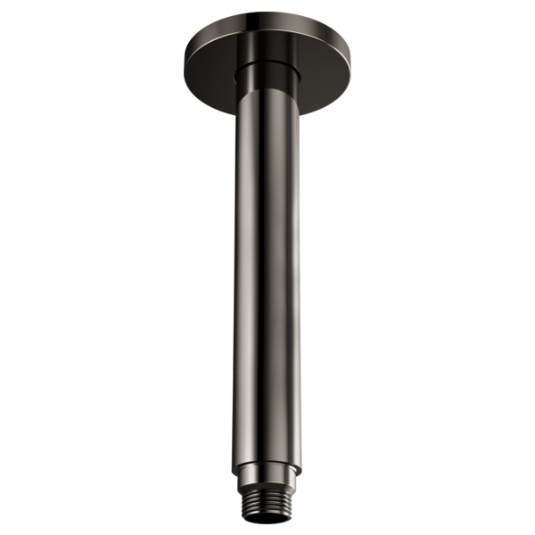 Polished stainless steel ceiling-mount shower arm with black circular flange and threaded connection at base.