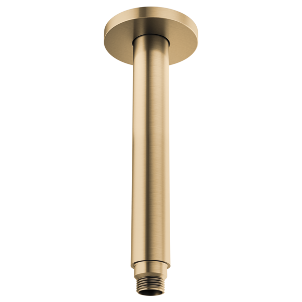 Brushed gold cylindrical shower arm with round ceiling flange and threaded connection outlet.