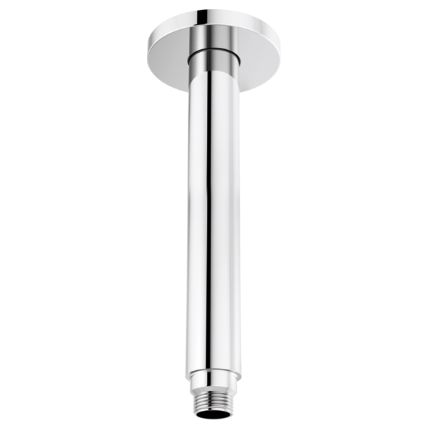 Polished chrome ceiling-mount shower arm with round flange and threaded connection point.