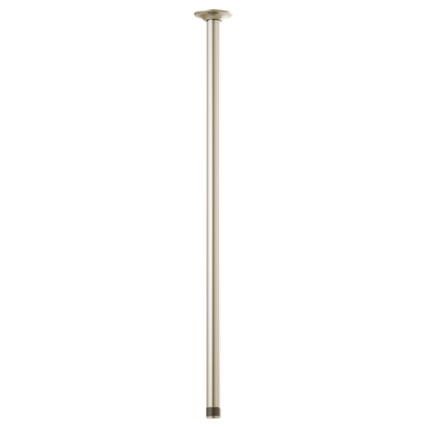 Brushed nickel ceiling-mounted shower arm, 24 inches long, with round flange connector at top.