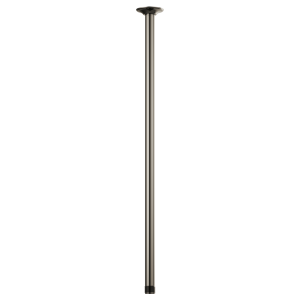 Polished stainless steel vertical shower arm with round ceiling flange and black accent ring at base.