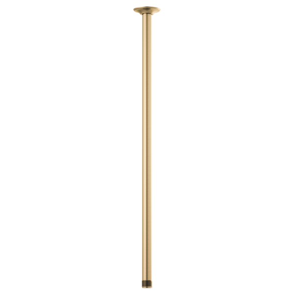 Brass ceiling mount shower arm, 24 inches long, with round flange and threaded connector at bottom.