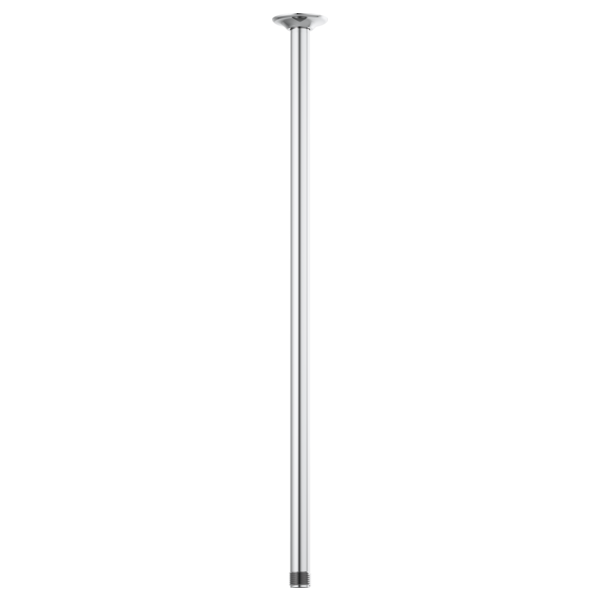 Vertical chrome shower arm with round ceiling flange and threaded connector at bottom, 24 inches long.