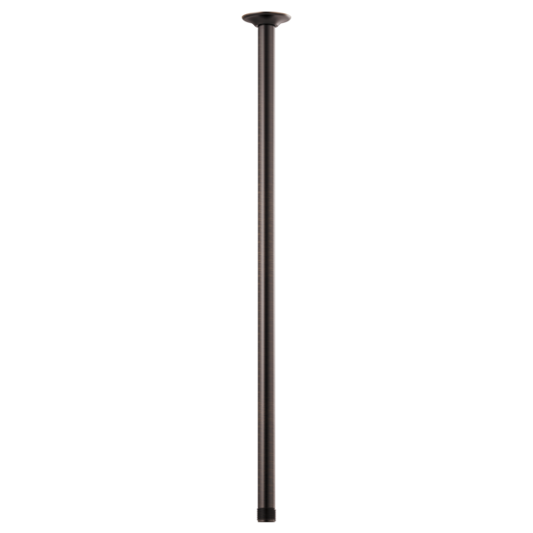 Black metal ceiling mount shower arm, 24 inches long, with round flange connector at top.