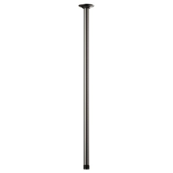 Straight metal shower arm with round ceiling flange and matte black finish, 24 inches long.