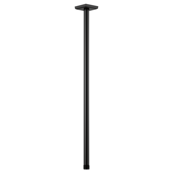 Black ceiling-mounted shower arm with square flange and 24-inch length.