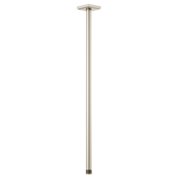 Brushed nickel ceiling-mounted shower arm with square flange, approximately 24 inches long.