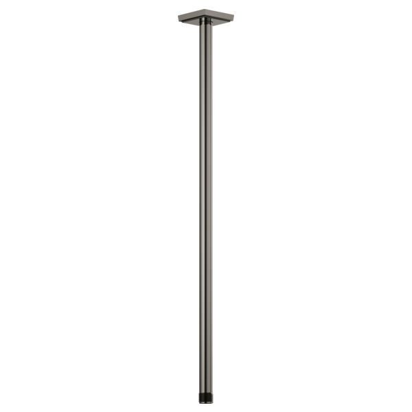 Brushed nickel ceiling-mounted shower arm, 24 inches long, with square flange connector at top.