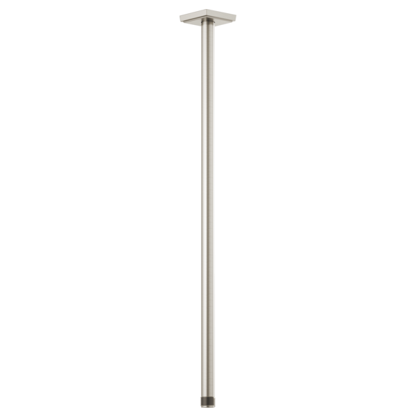 Brushed nickel ceiling mount shower arm with square flange and 24-inch vertical pipe.