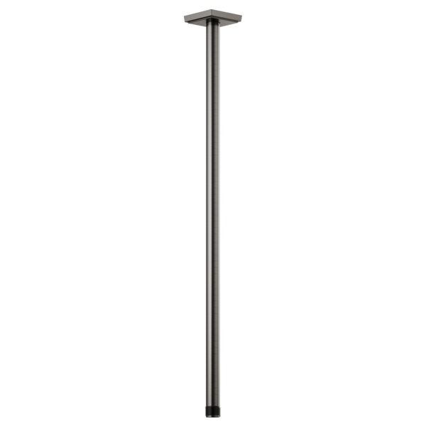 Chrome ceiling-mounted shower arm with square flange, extending 24 inches downward.