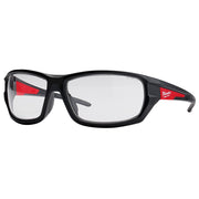 Clear safety glasses with black frames and red accents on the temples.