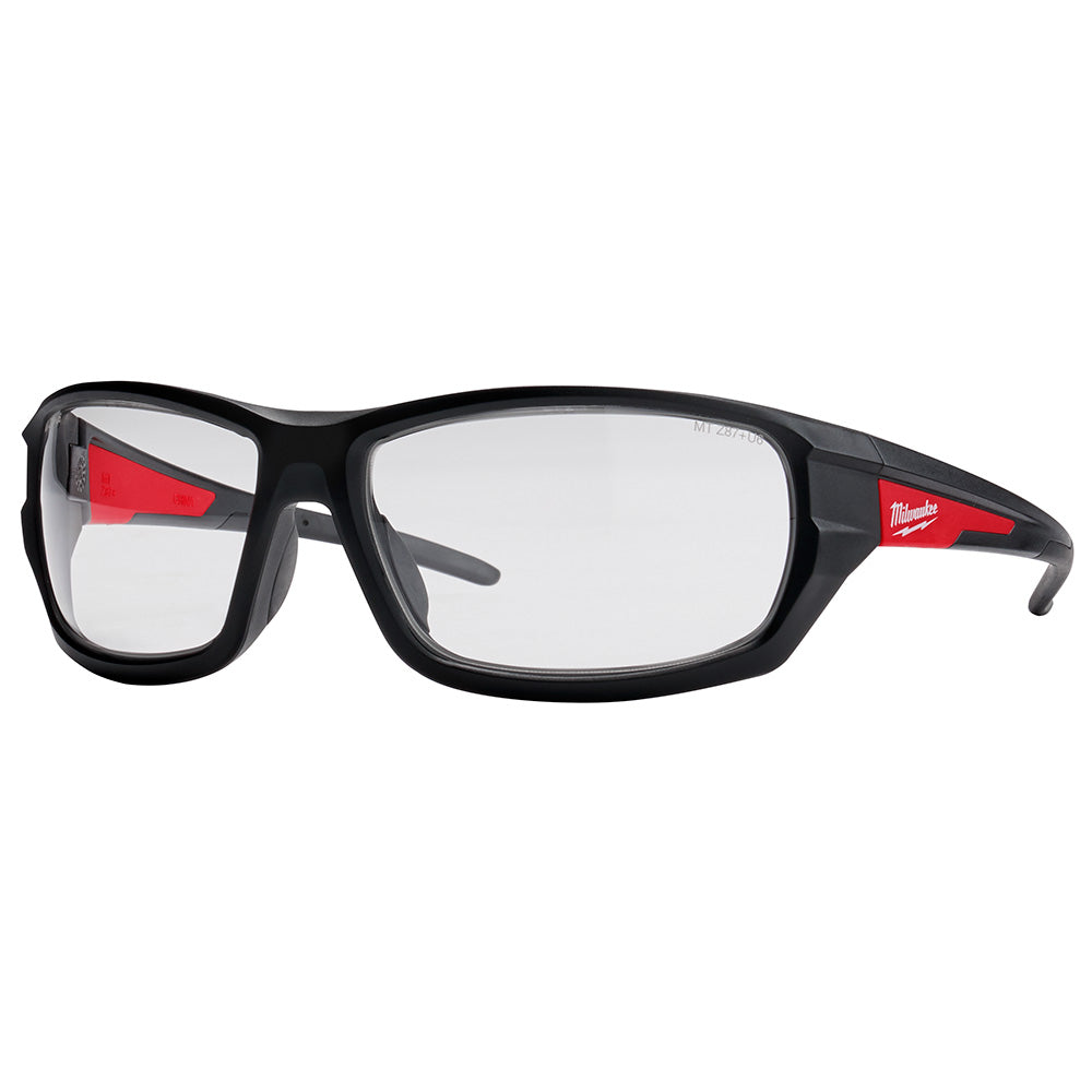 Clear safety glasses with black frames and red accents on the temples.