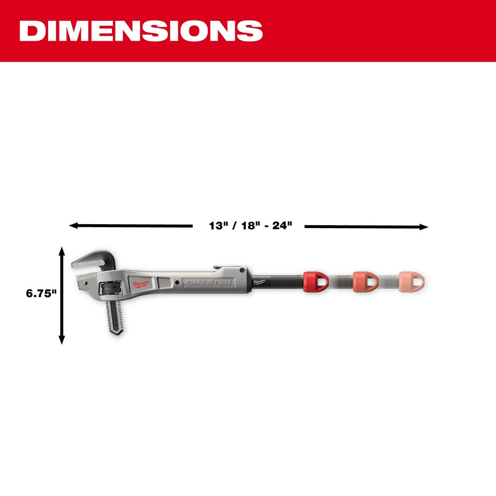 Milwaukee aluminum offset pipe wrench with interchangeable red and copper heads, 6.75" height, 13"-24" length.