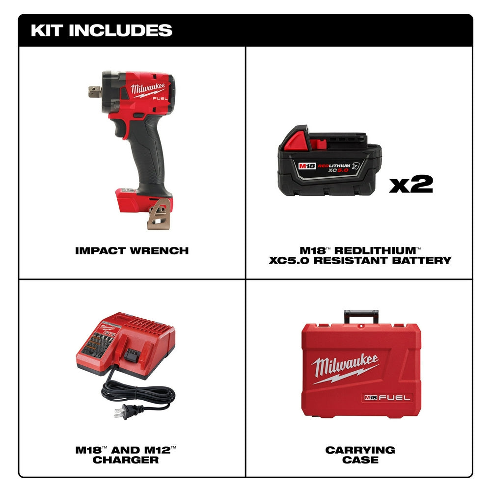 Red and black Milwaukee M18 FUEL compact impact wrench with pin detent, two batteries, charger, and red carrying case.