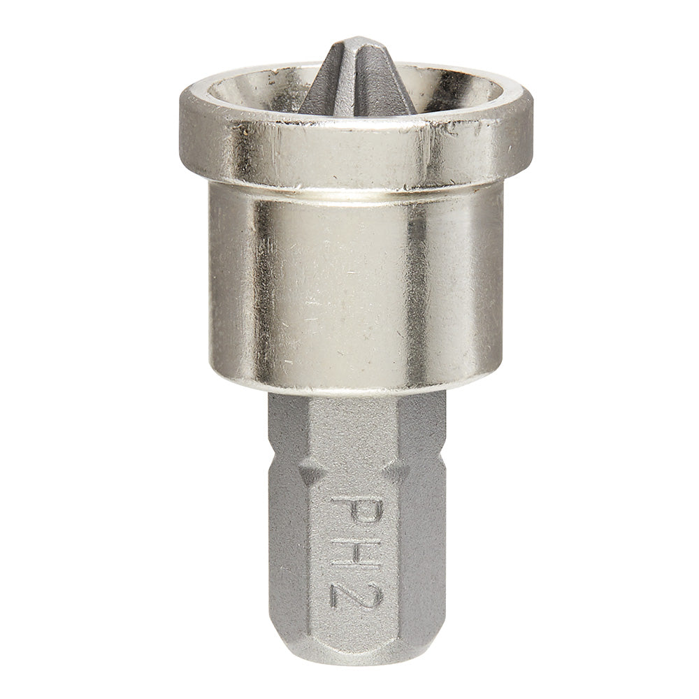 Metal drywall screw setter bit with hexagonal shank and conical tip for drill attachment.