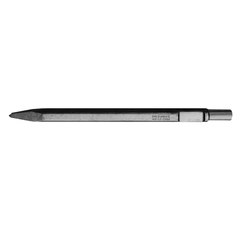 Milwaukee spline 18 inch demo bull point with cylindrical shank and pointed tip against white background.