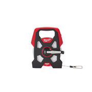 Red and black open reel tape measure with 300 ft capacity and metal hook attachment.