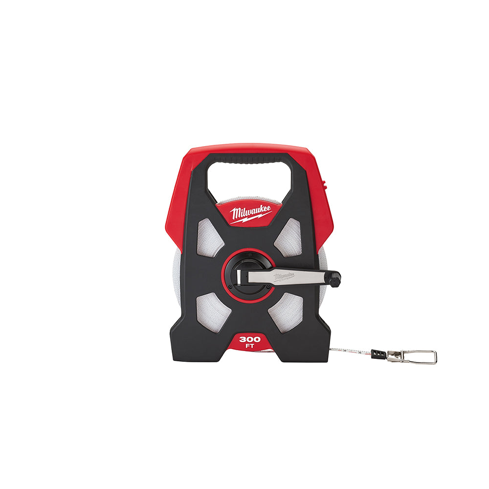 Red and black open reel tape measure with 300 ft capacity and metal hook attachment.