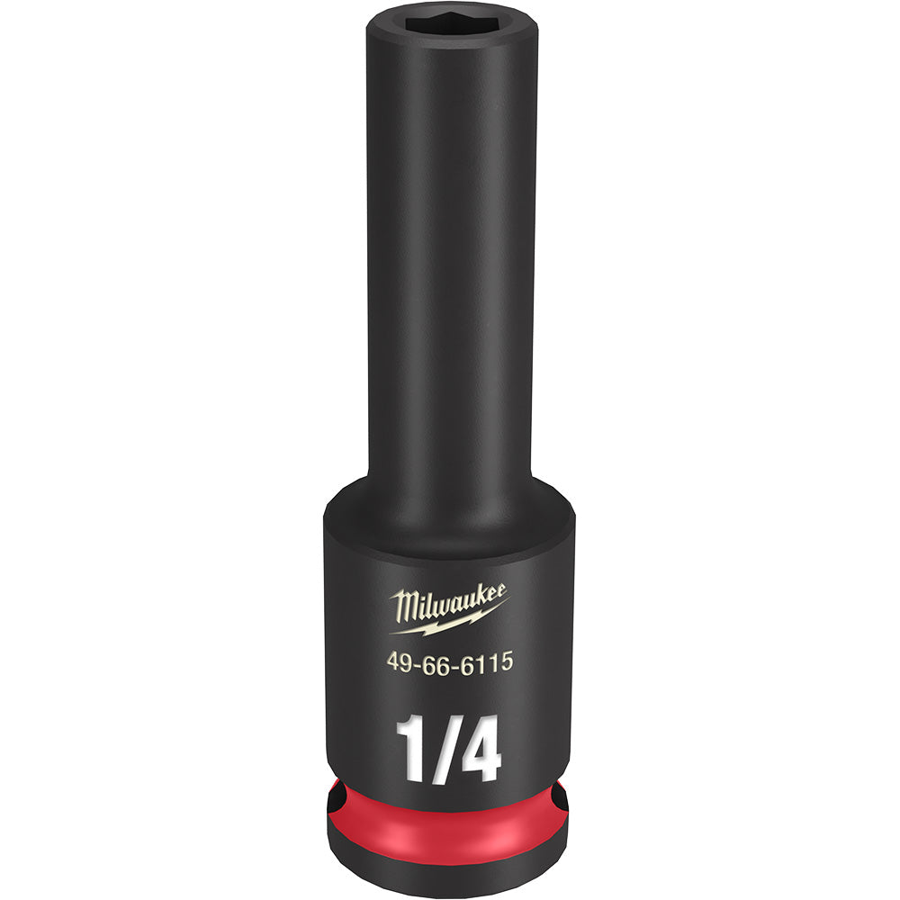 Black Milwaukee impact socket with 1/4" marking, red band on base, 3/8" drive connection, hexagonal opening.