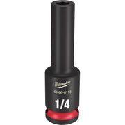 Black Milwaukee impact socket with 1/4" marking, red band on base, 3/8" drive connection, hexagonal opening.