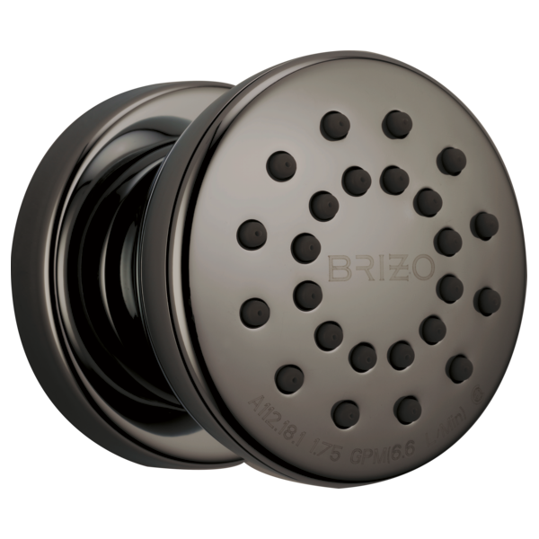 Round gunmetal body spray with multiple spray holes and visible mounting bracket.