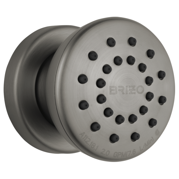 Round brushed nickel shower body spray with multiple black spray holes and wall-mounted circular escutcheon plate.