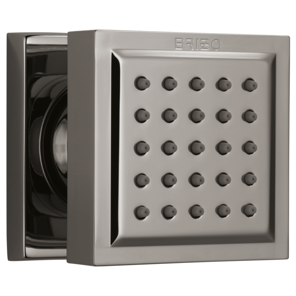 Chrome square shower body spray with 25 circular nozzles arranged in grid pattern and internal mechanism visible.