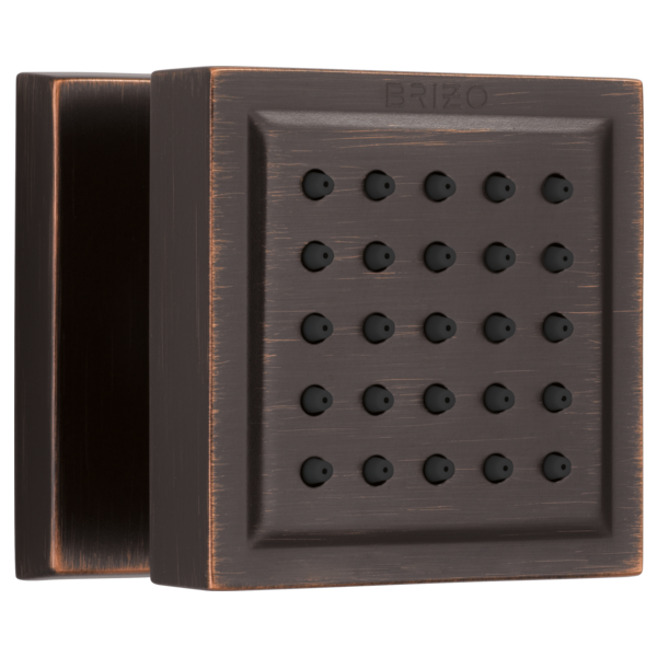 Square oil-rubbed bronze shower body spray with 25 spray jets and recessed frame design.