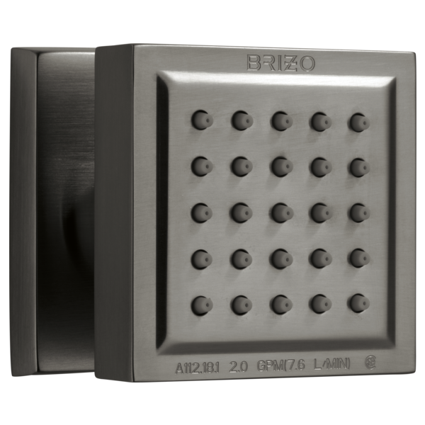 Square stainless steel shower body spray with 25 perforations arranged in a grid pattern and wall mounting bracket.