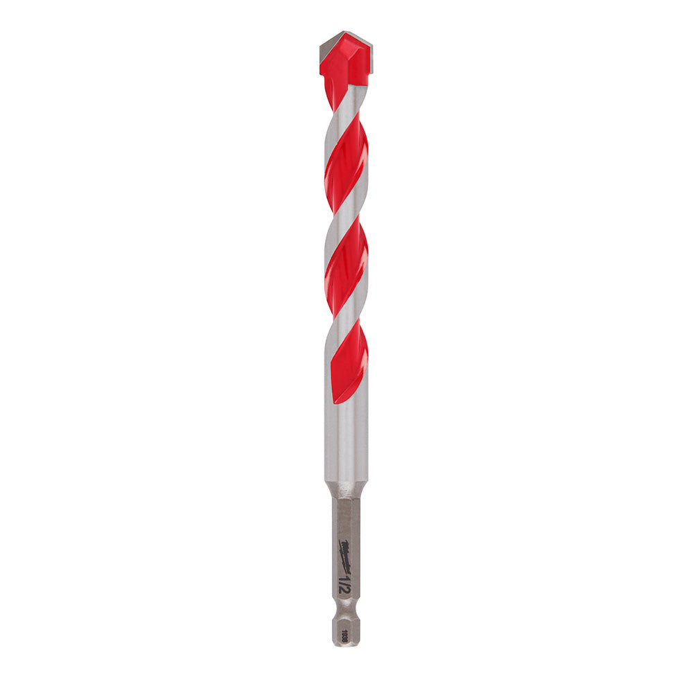 Milwaukee Shockwave carbide hammer drill bit with red and gray twisted flutes and pointed tip.